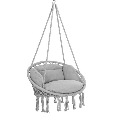 DETEX® Boho Style Hanging 60cm Circular Chair w/2 Cushion Indoor Outdoor Cotton  Light Grey