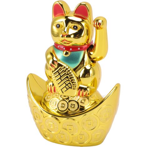 Chat porte-bonheur doré à bascule de 14 cm (5,5 pouces) - Décoration idéale pour hôtels, cafés et maisons. Cadeau parfait.