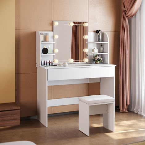 SONNI Mesa Maquillaje con Luz con Espejo y Taburete 108x40x140cm, Tocador Maquillaje con Luz, Tocador Blanco con 4 Estantes (1/5)