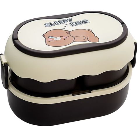 Boîte à bento double compartiment multifonctionnelle à 3 compartiments, jolie boîte à lunch portable avec couverts, idéale pour le travail, l'école ou le bureau, 1600 ml, marron. (1/5)