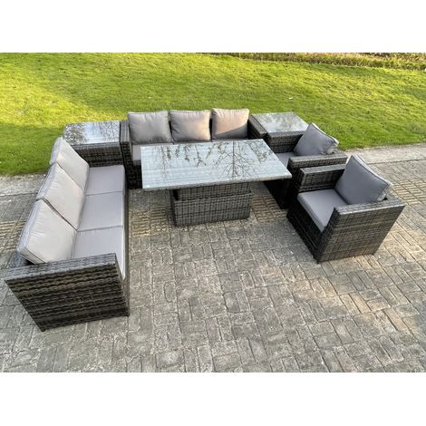 Fimous 8 Seater Outdoor Rattan Garden Furniture Adjustable Rising Lifting Table Armchairs Dark Grey Mixed (1/5)