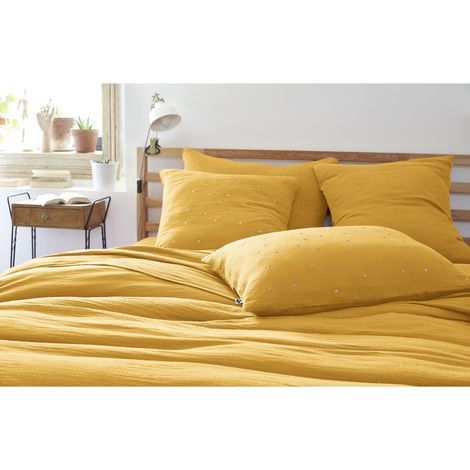 Lot de 2 Taies d'oreiller gaze de coton brodée fil or 60 x 60 cm Gaia Chic Jaune (1/3)