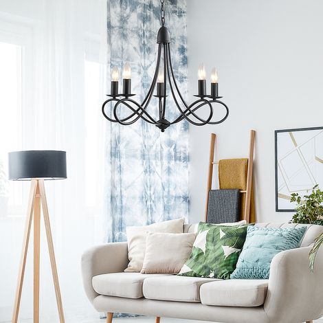 Lustre acier noir tissé avec 5 chandeliers réglables et pliants de 58 x 45 cm - de plafond de style rustique