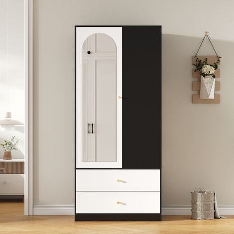 Armoire avec miroir 1 porte, 2 tiroirs et 4 étagères, 80 x 40 x 180 cm, blanc et noir (1/5)