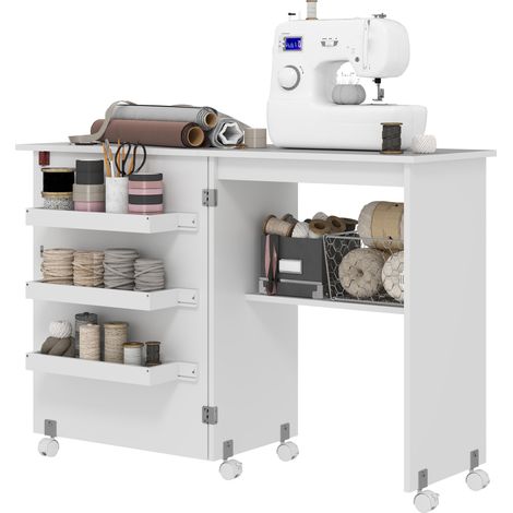 Table de couture pliante blanche avec abattant, bacs rangement, étagère ouverte, roulettes