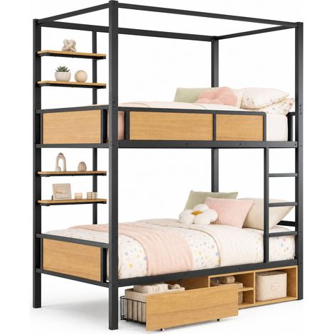 Lit superposé 90x200 cm avec rangements, double tablette latérale, échelle sécurisée, rideaux possibles, noir et bois clair, pour chambre enfant ou ado, CHICFURN (1/5)