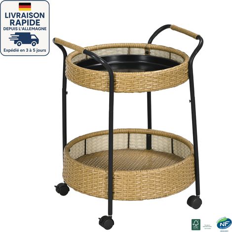 MODFU - Desserte de jardin à roulettes, en rotin tressé, avec 2 étagères, structure en métal - imperméable, Salle à manger/cuisine, naturelle (1/5)