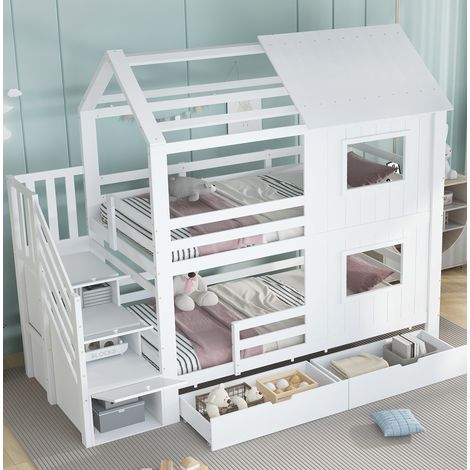 Letto a castello 90x200 cm bianco in legno massello e MDF con scala contenitore e cassetto (1/5)