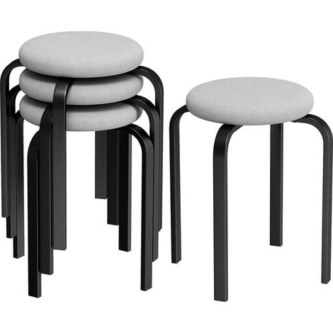 Set of 4 tabourets stackable modern with cushion, round, gray (1/5)