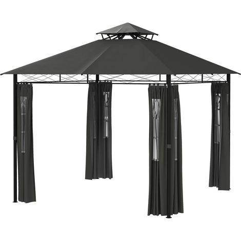 Pavillon Ca. 3 X 3 M, Gartenzelt Mit Seitenwand, Partyzelt Mit Doppeldach, Wetterfest Festzelt, Gartenpavillon, Metall, Dunkelgrau