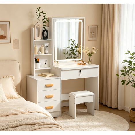 WILITTO Coiffeuse avec Miroir LED et Tabouret - 3 Lumières Réglables, 4 Tiroirs et Étagères, Style Moderne Blanc, pour Maquillage et Bijoux