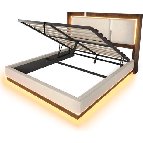 Cama doble 140x200 con somier, LED y arcón de almacenamiento, hidráulica, beige y nogal (1/5)