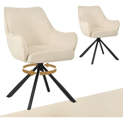 Bon Furni Samt Esszimmerstuhl Elfenbeinweiß, 2er Set, 360° drehbar, ergonomisch mit Federkern, unsichtbarem Reißverschluss & verstellbaren Füßen