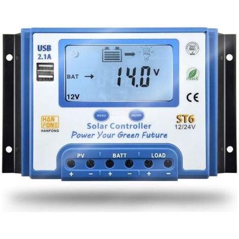 30A Régulateur de Charge Solaire 12V/24V Contrôleur de Charge Solaire avec Écran LCD et Double Port USB pour Batterie de Panneaux Solaires - ST6-30A (1/5)