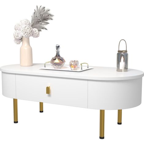 Table basse 2 tiroirs dorés angles arrondis 120x60x40cm