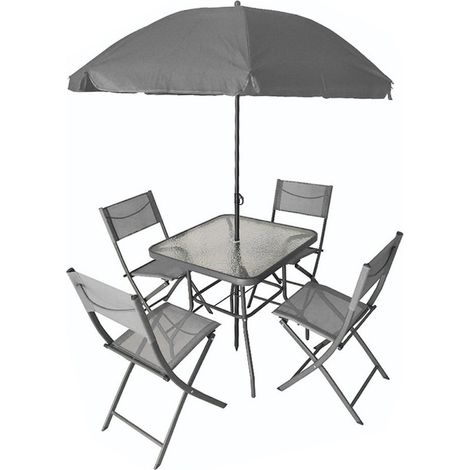 TRADE SHOP - Set Giardino Sharm Tavolo Con Ripiano Vetro 70x70cm 4 Sedie Pieghevoli Ombrellone Parasole - Grigio