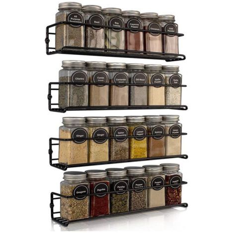 Lot de 4 étagères à épices murales en métal noir – Support adhésif sans perçage – Dimensions 29 x 6,5 x 6 cm – Organisateur de cuisine