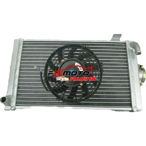 Radiador de aluminio, construcción totalmente de aluminio, dimensiones 350 mm x 203 mm x 64 mm, entrada/salida de 16 mm, diseño de núcleo de 3 filas, capacidad de refrigeración un 30 % mayor. (1/5)