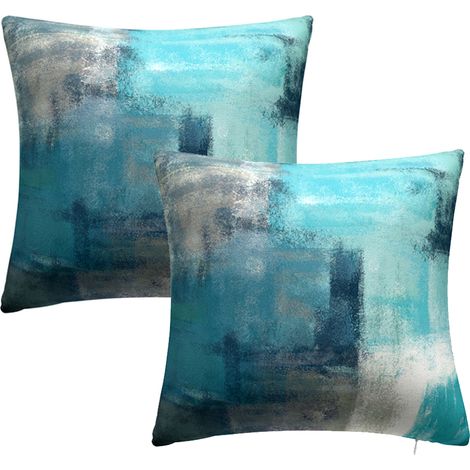 Lot de 2 housses de coussin décoratives contemporaines turquoise et grises, 45 x 45 cm (1/5)