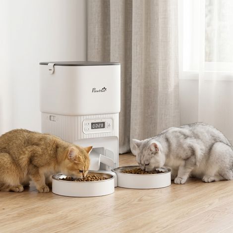 Distributore automatico di cibo per gatti 21.5x21.5x33 cm, programmazione pasti, doppie ciotole, acciaio inox bianco (1/5)