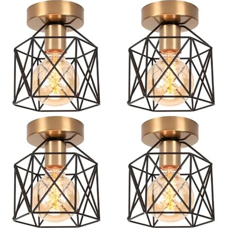 4pcs Plafonnier en Cage,E27 Lampe de Plafond Industriel Abat-jour en Fer Design Carré Lustre Vinatge Style Edison pour Salon (1/5)