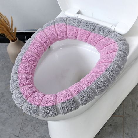 Coussin de siège de toilette, épais, tricoté, lavable, housse de toilette d'hiver (gris et rose) (1/3)