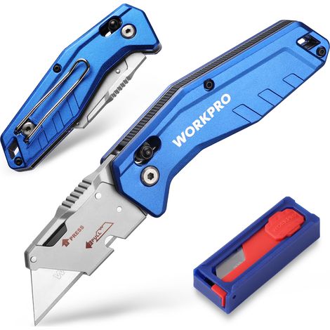 WORKPRO Cutter Professionnel Pliant, Cutter Utilitaire avec Mécanisme de Changement Rapide, Poignée en Alu Antidérapant, 10 Lames SK5 Supplémentaires, Idéal pour Coupe, Carton, Papier (1/5)