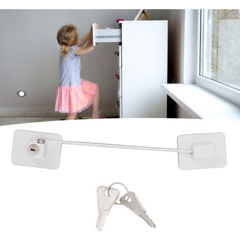 Cerradura para frigorífico y armario en color blanco, con 2 llaves, dimensiones 26,5 x 4,3 x 1,7 cm, fabricada en ABS y acero inoxidable. (1/5)