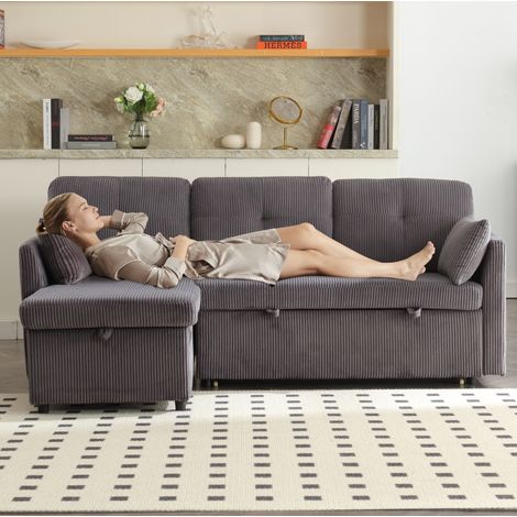 Schlafsofa aus Cord Dunkelgrau 206 cm mit wechselbarer Chaiselongue und Stauraum (1/5)