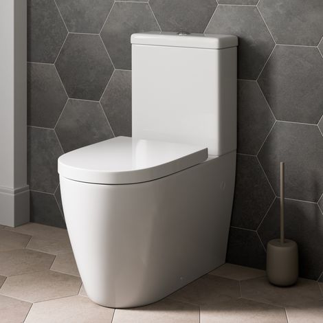 Close Coupled Rimless Toilet Modern White Round WC Pan Ceramic & Soft Close Seat (1/5)