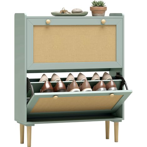 Meuble à chaussures - HOMCOM - 2 tiroirs rabattables, étagères réglables - MDF - 80x26x101 cm - vert (1/5)