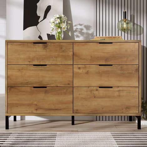 Buffet en chêne 120cm - 6 tiroirs spacieux - Multifonction pour chambre & salon - Élégant rangement (1/5)