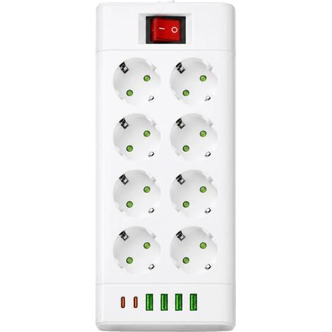 Regleta eléctrica, 6 enchufes Schuko, puertos USB-C y USB-A, 8 tomas de corriente. (1/2)