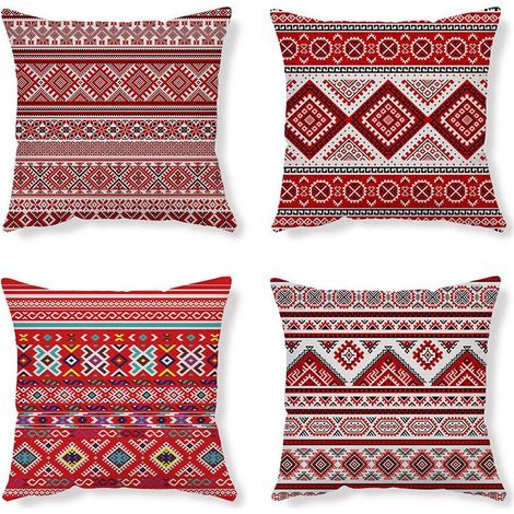 Housses De Coussin Taie D Oreiller Coussin Ethnique Taie D Oreiller Rouge Housse De Coussin Abstrait Housse Coussin Lin Coussin Geometrique Taie Oreiller 45X45 Lot De 4 Pour Canapé Chambre Maison (1/5)