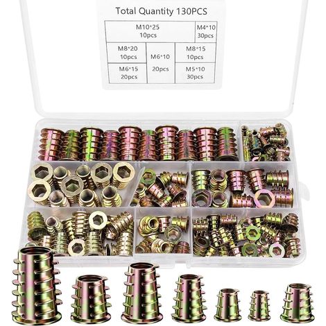 Ensemble de 130 Pièces Insert Fileté Bois, écrous à Visser M4/M5/M6/M8/M10, Manchons à Visser, Insert Vis, Visser Douilles Meubles en Bois, Alliage de Zinc Insert Fileté Hexagonale (1/5)