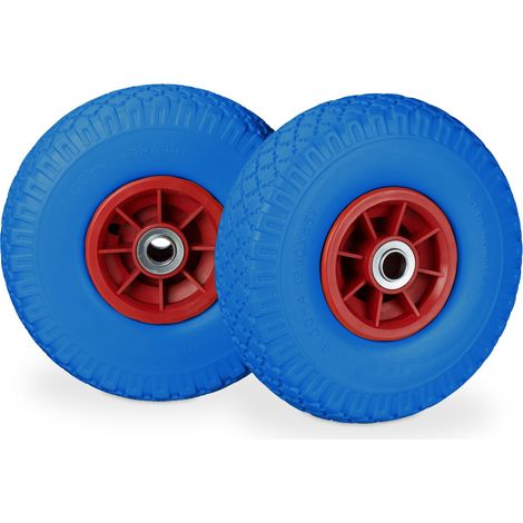 4 x Sackkarrenrad, pannensichere Vollgummireifen, 3.00-4 Zoll, 20 mm Achse, bis 80 kg, Ersatzrad 260 x 85 mm, blau-rot