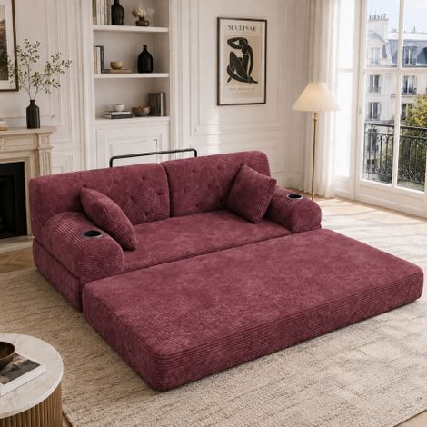 Canapé Convertible 2 Places, Canapé-Lit en Velours Côtelé avec Dossier Haut, Structure Métallique, Mousse Haute Densité, 2 Porte-Gobelets et 4 Poches de Rangement, pour Salon et Petit Espace, Rouge vi (1/5)