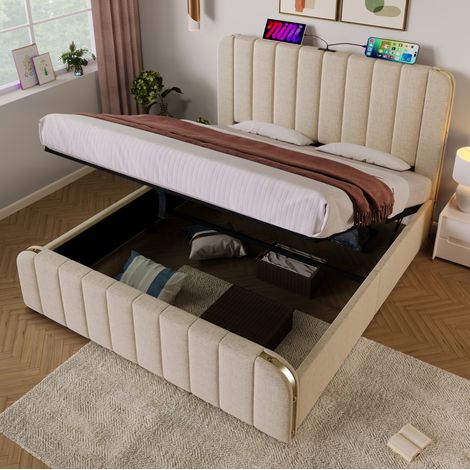 Cama doble tapizada moderna 140x200 cm en lino beige, cabecero con USB/Type-C y almacenaje hidráulico (1/5)