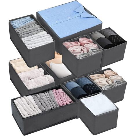 Lot de 10 boîtes organisatrices pliables en tissu non tissé – 2 grandes 28x28cm, 3 moyennes 28x14,5cm, 5 petites 14,5x14,5cm – Pour vêtements et accessoires (1/5)