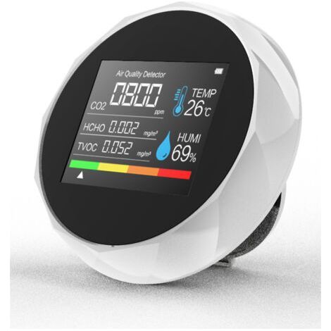Moniteur de CO2 multifonctionnel, détecteur de dioxyde de carbone portable de haute précision avec température et humidité pour la maison, le bureau, l'école, 5 en 1, CO2/TVOC/HCHO/Temp/Humidité, Blan (1/5)