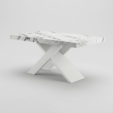 Tavolo pranzo design moderno allungabile base bianca 140/220x90 Roma - Effetto marmo bianco