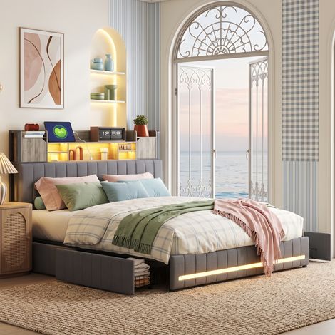 Lit Double avec tiroirs 160x200 cm avec LED, Tête de Lit Rangement 4 Tiroirs, Prises de Charge - Sommier à Lattes, Revêtement Lin Gris - Moderne (1/5)