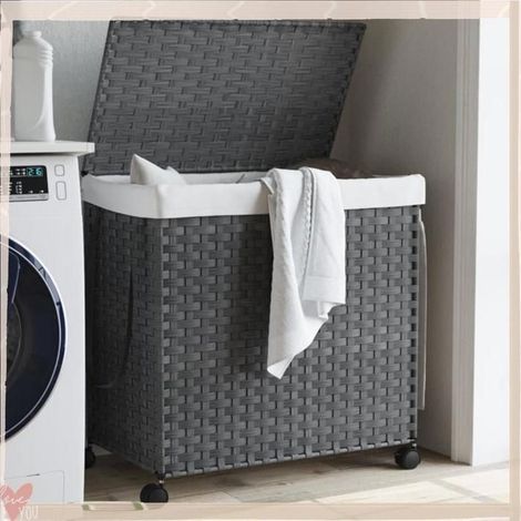 372041 Panier à linge avec roulettes gris 60x35x60,5 cm résine tressée (1/5)