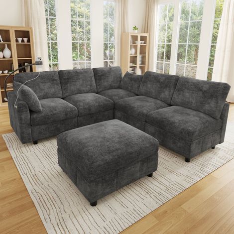 Canapé Convertible Modulable d’Angle 6 Places 218x157x85 cm, Chenille, Pouf Mobile, USB/Type-C 24 W et Support Téléphone 360° - Gris (1/5)