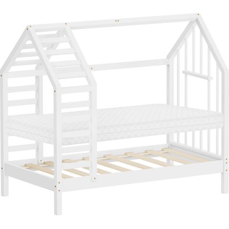ML-Design Letto Montessori per bambini a casetta con materasso 70x140 cm lettino singolo per bambine con rete a doghe tetto e finestra, struttura in legno massiccio di pino, per cameretta, bianco (1/5)