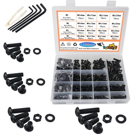 M2-M5 Écrous et Boulons Assortis, 1180 Pcs Noir Hex Socket Head Cap Vis Kit, Filetage Machine Ensemble Outils Assortiment (1/5)