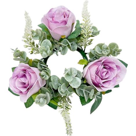 Couronne de bougies avec anneaux et supports pour bougies piliers, roses artificielles de 22 cm, idéale pour Noël, décoration de porte d'entrée, fête ou bar.-Purple