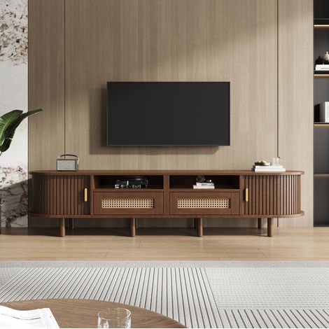Meuble TV MDF chêne foncé 170 x 40 x 40 cm, ovale, 2 tiroirs effet rotin, 2 portes coulissantes, 8 pieds (1/5)