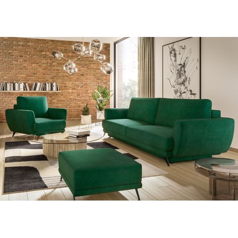 Ensemble canapé convertible tissu vert Zora - 1 canapé 3 places + 1 fauteuil + 1 pouf (1/5)