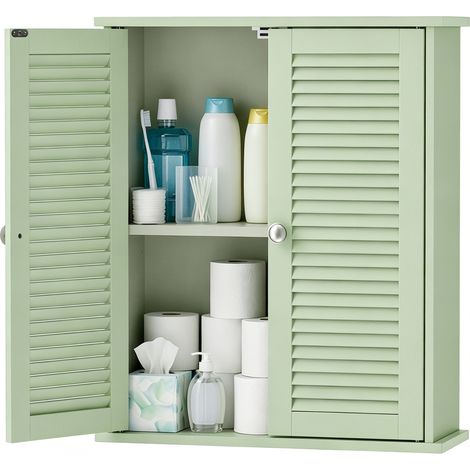 Armoire murale de salle de bain, meuble de rangement suspendu avec 2 portes persiennes et étagère réglable, vert (1/5)